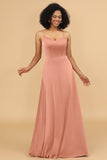 A Line Spaghetti Straps Floor Length Satin Bridesmaid Dress