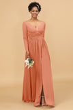 A Line V-Neck Long Sleeves Chiffon Bridesmaid Dress with Slit