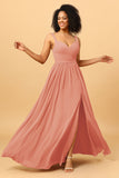 Spaghetti Straps Long Chiffon Bridesmaid Dress with Slit