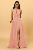 A Line Halter Open Back Long Chiffon Bridesmaid Dress With Slit