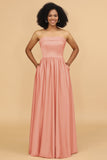 A Line Strapless Satin Floor Length Bridesmaid Dress with Pockets