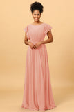 A Line Bateau Neck Ruched Long Chiffon Bridesmaid Dress with Ruffles