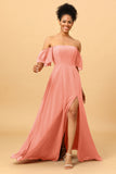 A Line Off the Shoulder Long Chiffon Bridesmaid Dress with Slit