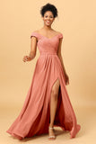 A Line Off the Shoulder Ruched Long Chiffon Bridesmaid Dress with Slit