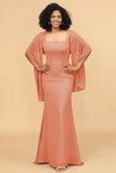 Mermaid Square Neck Long Chiffon Bridesmaid Dress with Cape