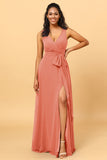 A Line V Neck Sleeveless Long Chiffon Bridesmaid Dress with Slit