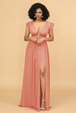 A Line Deep V-Neck Long Chiffon Bridesmaid Dress with Slit