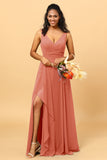 A Line V Neck Floor Length Chiffon Bridesmaid Dress With Slit