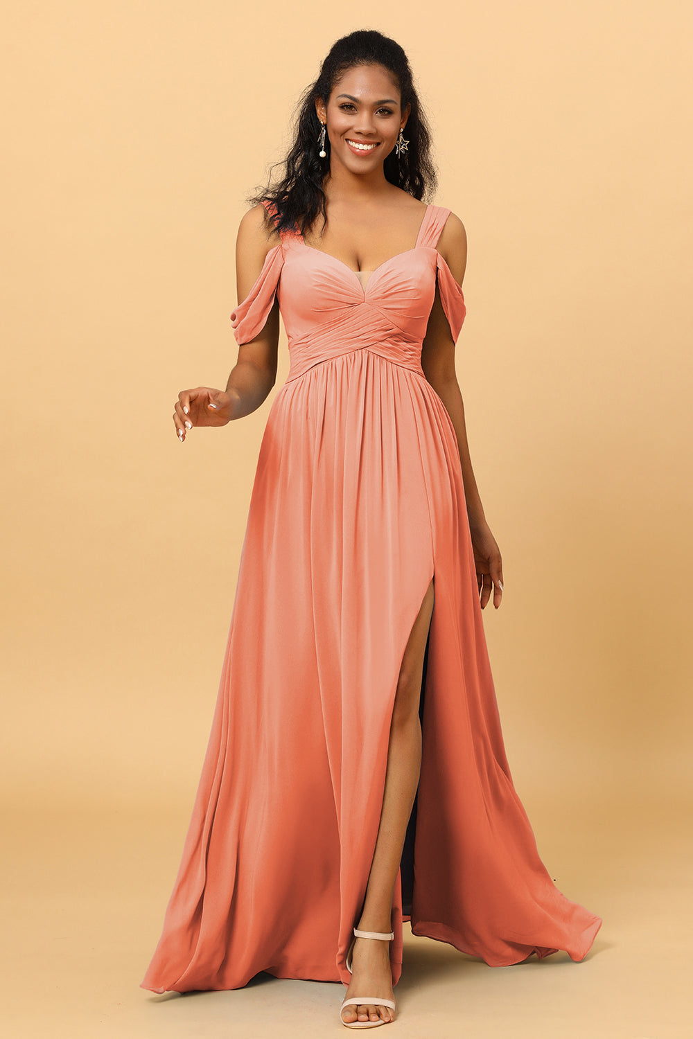 Wedtrend Women Bridesmaid Dress A Line V Neck Cold Shoulder Chiffon Formal Wedding Party Dress with Slit, Sunset