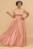 A Line Deep V-Neck Backless Floor Length Bridesmaid Dress