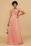 A Line Asymmetrical Neck Satin Floor Length Bridesmaid Dress