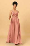 A Line V-Neck Long Chiffon Bridesmaid Dress with Lace