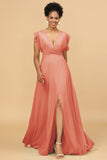 A Line V-Neck Floor Length Chiffon Bridesmaid Dress with Slit