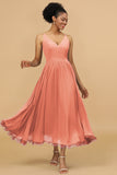 A Line Spaghetti Straps Long Chiffon Bridesmaid Dress with Ruffles