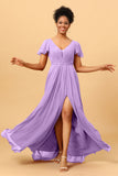 A-Line V Neck Ruched Long Chiffon Bridesmaid Dress with Slit