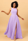 A Line High Neck Pleated Long Chiffon Bridesmaid Dress with Ruffles