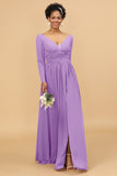 A Line V-Neck Long Sleeves Chiffon Bridesmaid Dress with Slit