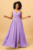 Ruched Long Floor Length Chiffon Bridesmaid Dress with Slit