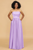 A Line Strapless Satin Floor Length Bridesmaid Dress with Pockets