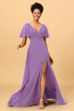 A Line V-Neck Long Chiffon Bridesmaid Dress with Slit