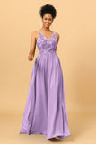 A Line V-Neck Long Chiffon Bridesmaid Dress with Lace