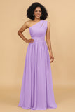 A Line One Shoulder Long Chiffon Bridesmaids Dress with Ruffles