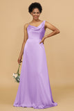 A Line Asymmetrical Neck Satin Floor Length Bridesmaid Dress