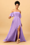 A Line Off the Shoulder Long Chiffon Bridesmaid Dress with Slit