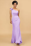 Mermaid One Shoulder Satin Long Bridesmaid Dress With Bowknot