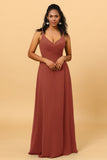 A Line V Neck Spaghetti Straps Floor Length Long Chiffon Bridesmaid Dress