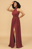 A Line Halter Ruched Floor Length Chiffon Bridesmaid Dress with Slit