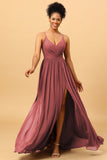 A-Line Spaghetti Straps Ruched Long Chiffon Bridesmaid Dress with Slit