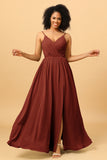 Ruched Long Floor Length Chiffon Bridesmaid Dress with Slit