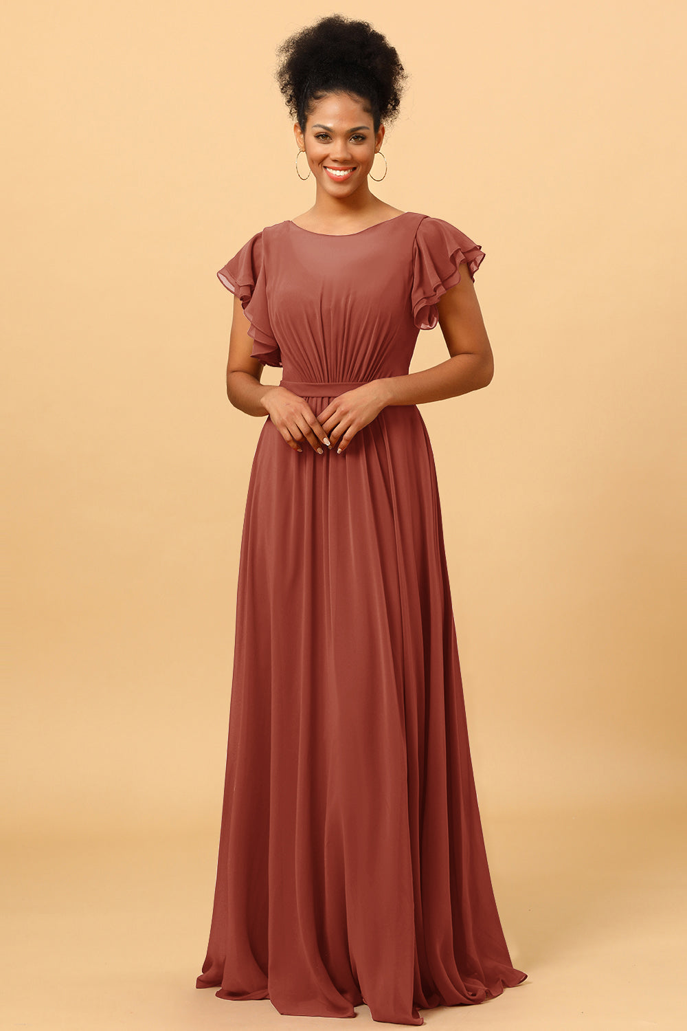 bateau neckline bridesmaid dress Stacees Puce Pink A-line Chiffon Bridesmaid Dress with Draped Cowl Back