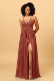 A Line V Neck Spaghetti Straps Chiffon Bridesmaid Dress with Slit