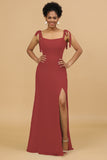 Sheath Spaghetti Straps Long Chiffon Bridesmaid Dress with Slit