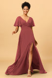 A Line V-Neck Long Chiffon Bridesmaid Dress with Slit