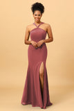 Mermaid Halter Long Chiffon Bridesmaid Dress with Slit