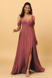 A Line V Neck Cold Shoulder Chiffon Bridesmaid Dress with Slit