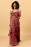 A Line Spaghetti Straps Long Chiffon Bridesmaid Dress with Ruffles