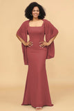 Mermaid Square Neck Long Chiffon Bridesmaid Dress with Cape