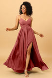 A Line Spaghetti Straps Ruched Long Chiffon Bridesmaid Dress with Slit