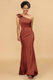 Mermaid One Shoulder Satin Long Bridesmaid Dress With Bowknot