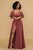 A Line Halter Cold Shoulder Chiffon Bridesmaid Dress with Slit