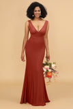 Mermaid V-neck Open Back Long Chiffon Bridesmaid Dress With Ruffles