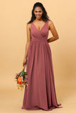 A Line V Neck Pleated Floor Length Long Chiffon Bridesmaid Dress