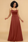 A Line Spaghetti Straps Floor Length Satin Bridesmaid Dress