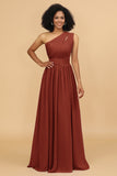 A Line One Shoulder Long Chiffon Bridesmaids Dress with Ruffles