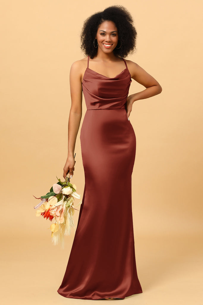 Cowl Neck Straps Calf-Length Bridesmaid Dress