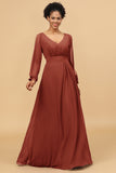 Long Sleeves V-Neck Chiffon Bridesmaid Dress with Bowknot